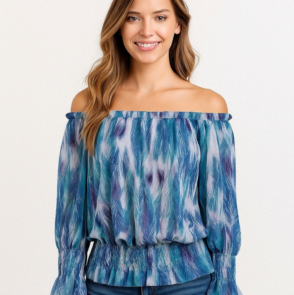 Ruffled Near Sheer Lightweight Beachy Blouse Peacock Feather Allover Pattern